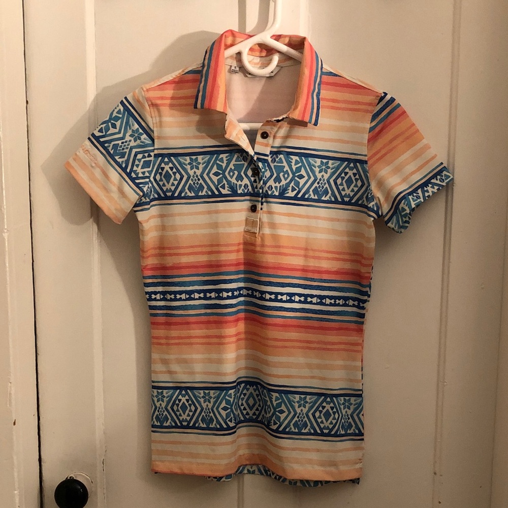 Kenny Flowers Women’s Polo with Orange and Blue Tribal Stripes
